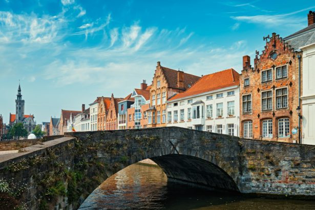 Brugge canal and old houses. Bruges, Belgium