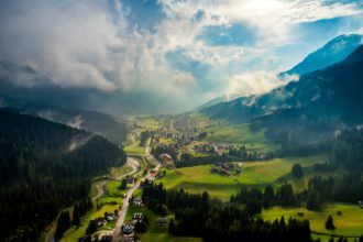 Sappada Italy North-Eastern corner of the Dolomites Alps. Aerial