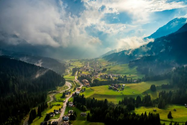 Sappada Italy North-Eastern corner of the Dolomites Alps. Aerial